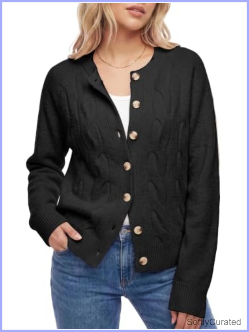 Womens Cable Knit Cardigan Crewneck Button Up Loose Fit Sweater